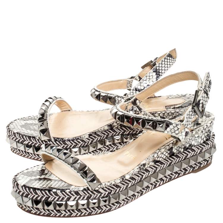 Pre Owned Christian Louboutin Black/White Studded Leather Cataclou Espadrille Wedge Sandals Size 37