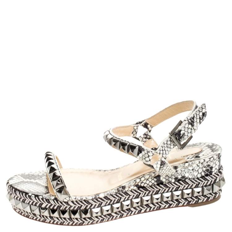 Pre Owned Christian Louboutin Black/White Studded Leather Cataclou Espadrille Wedge Sandals Size 37