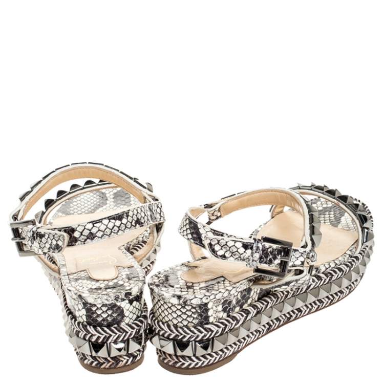 Pre Owned Christian Louboutin Black/White Studded Leather Cataclou Espadrille Wedge Sandals Size 37