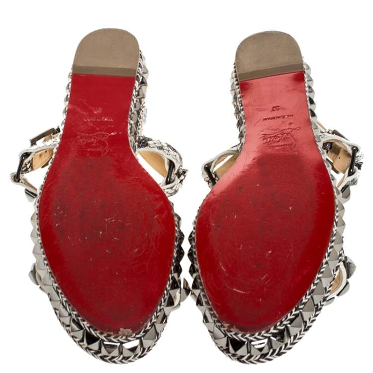 Pre Owned Christian Louboutin Black/White Studded Leather Cataclou Espadrille Wedge Sandals Size 37
