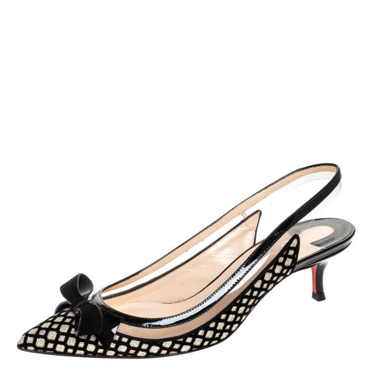 Pre Owned Christian Louboutin Black Velvet And Glitter Bow Slingback Sandals Size 38.5