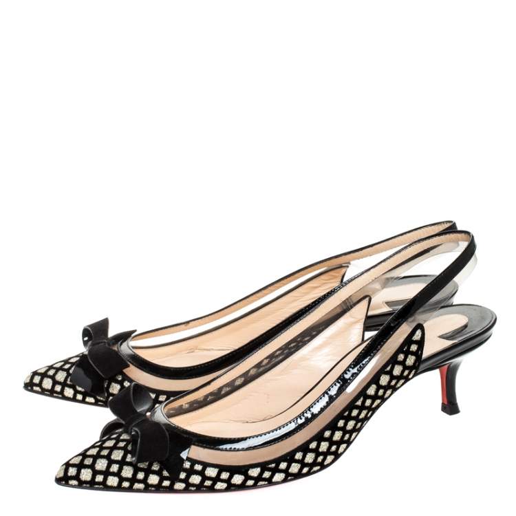 Pre Owned Christian Louboutin Black Velvet And Glitter Bow Slingback Sandals Size 38.5