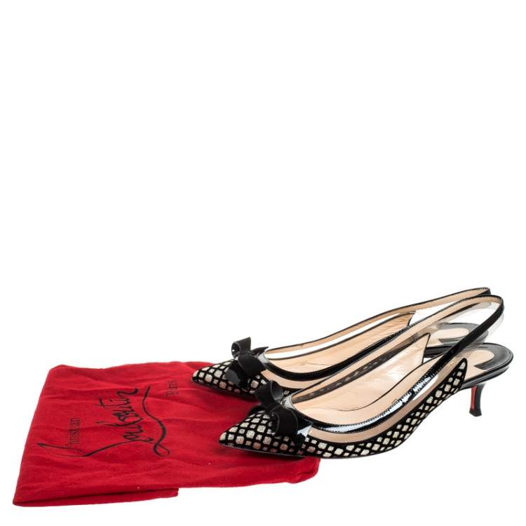 Pre Owned Christian Louboutin Black Velvet And Glitter Bow Slingback Sandals Size 38.5