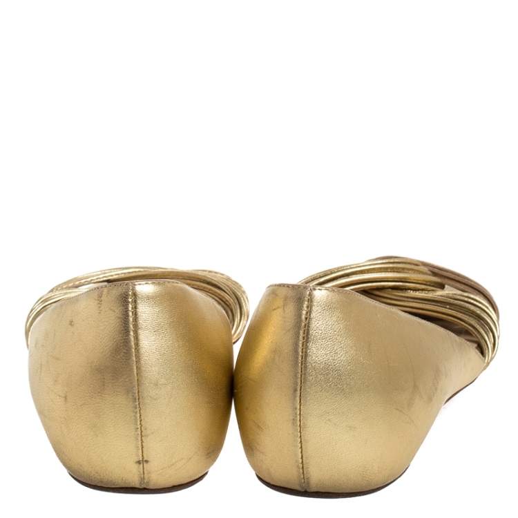 Pre Owned Christian Louboutin Metallic Gold Leather Open Toe Flats Size 38