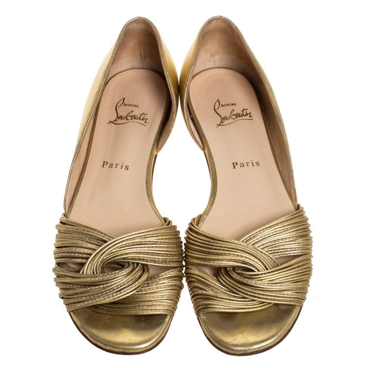Pre Owned Christian Louboutin Metallic Gold Leather Open Toe Flats Size 38