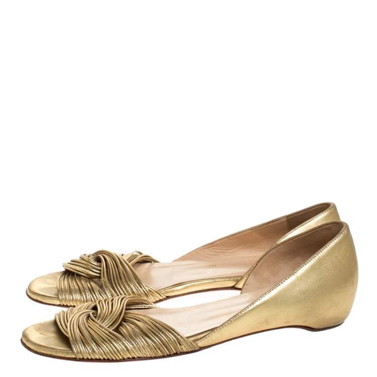 Pre Owned Christian Louboutin Metallic Gold Leather Open Toe Flats Size 38