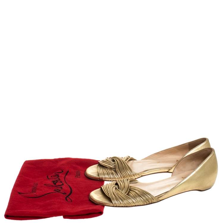 Pre Owned Christian Louboutin Metallic Gold Leather Open Toe Flats Size 38