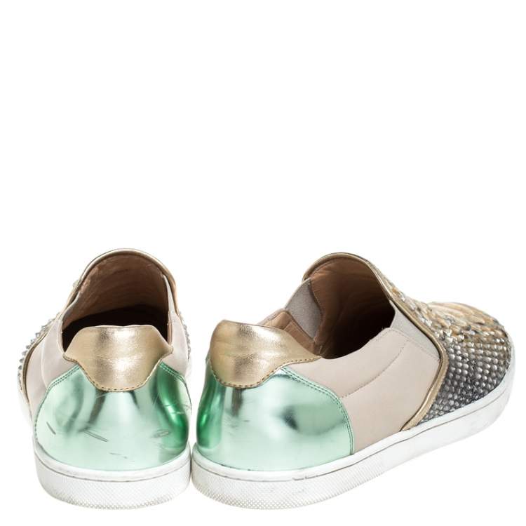 Pre Owned Christian Louboutin Multicolor Python Leather And Leather Pik Boat Slip On Sneakers Size 40.5