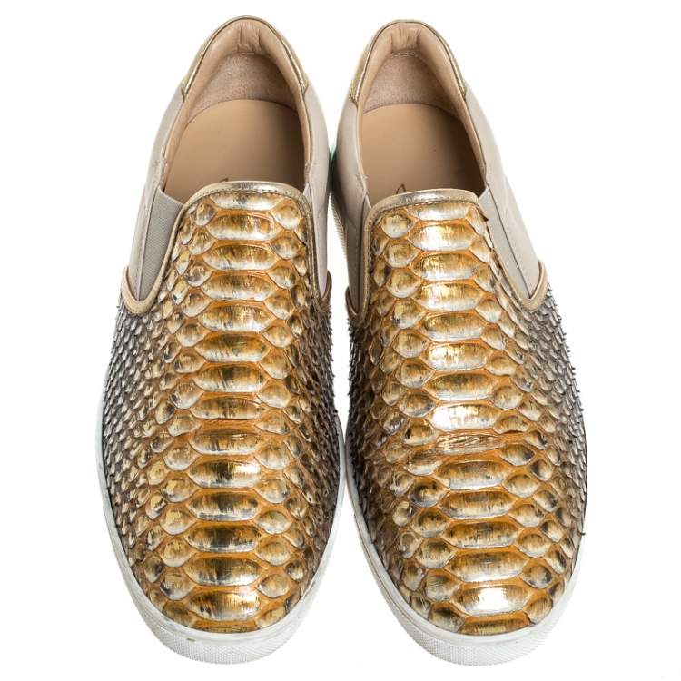 Pre Owned Christian Louboutin Multicolor Python Leather And Leather Pik Boat Slip On Sneakers Size 40.5