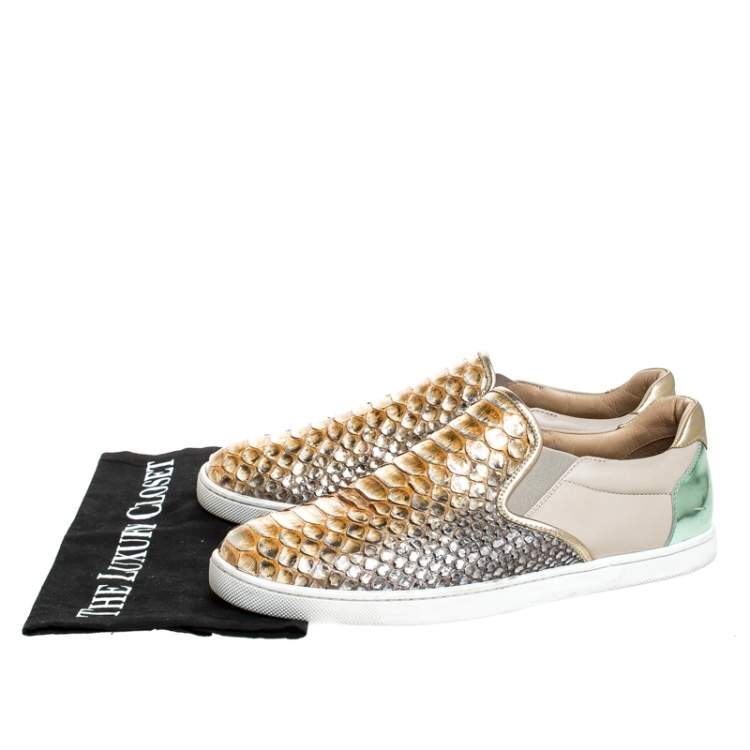 Pre Owned Christian Louboutin Multicolor Python Leather And Leather Pik Boat Slip On Sneakers Size 40.5