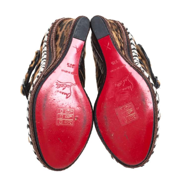 Pre Owned Christian Louboutin Leopard Print Calf Hair And Leather Trim Highlander Platform Sandals Size 38.5