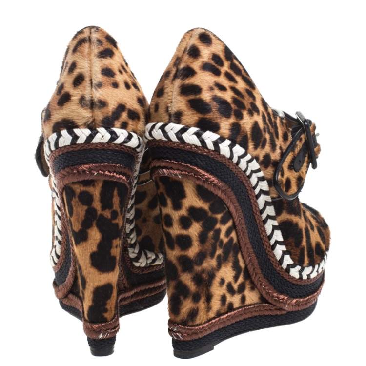 Pre Owned Christian Louboutin Leopard Print Calf Hair And Leather Trim Highlander Platform Sandals Size 38.5
