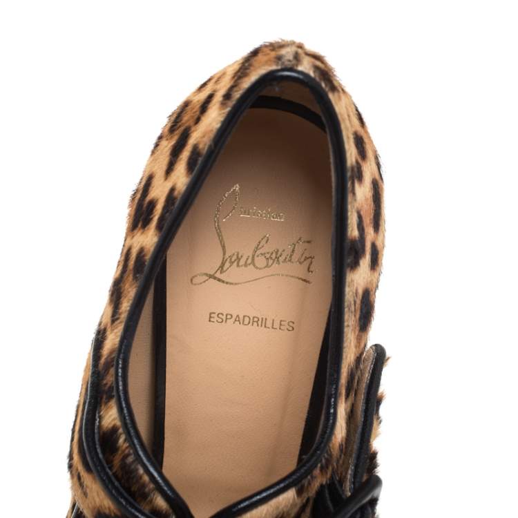 Pre Owned Christian Louboutin Leopard Print Calf Hair And Leather Trim Highlander Platform Sandals Size 38.5