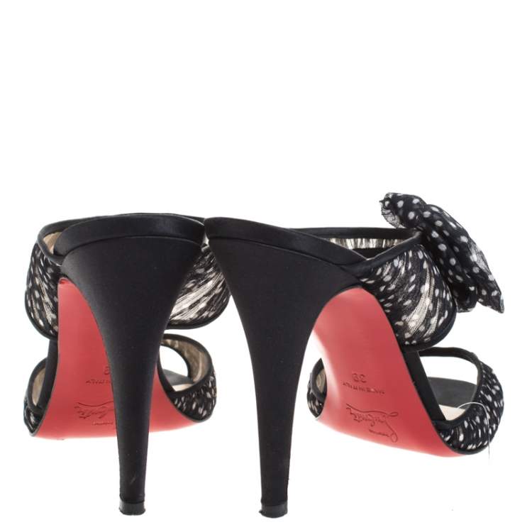Pre Owned Christian Louboutin Black/White Polka Dot Fabric And Satin Trim Miss Chief Sandals Size 39