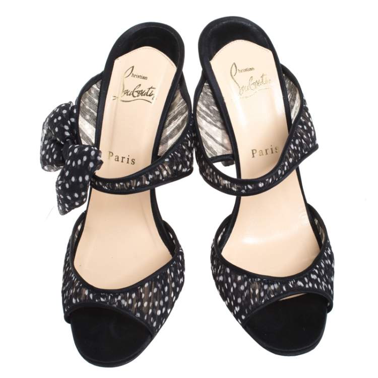 Pre Owned Christian Louboutin Black/White Polka Dot Fabric And Satin Trim Miss Chief Sandals Size 39