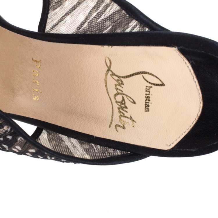 Pre Owned Christian Louboutin Black/White Polka Dot Fabric And Satin Trim Miss Chief Sandals Size 39