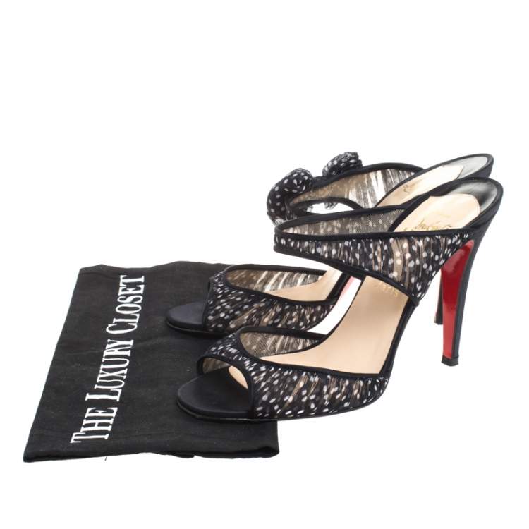 Pre Owned Christian Louboutin Black/White Polka Dot Fabric And Satin Trim Miss Chief Sandals Size 39