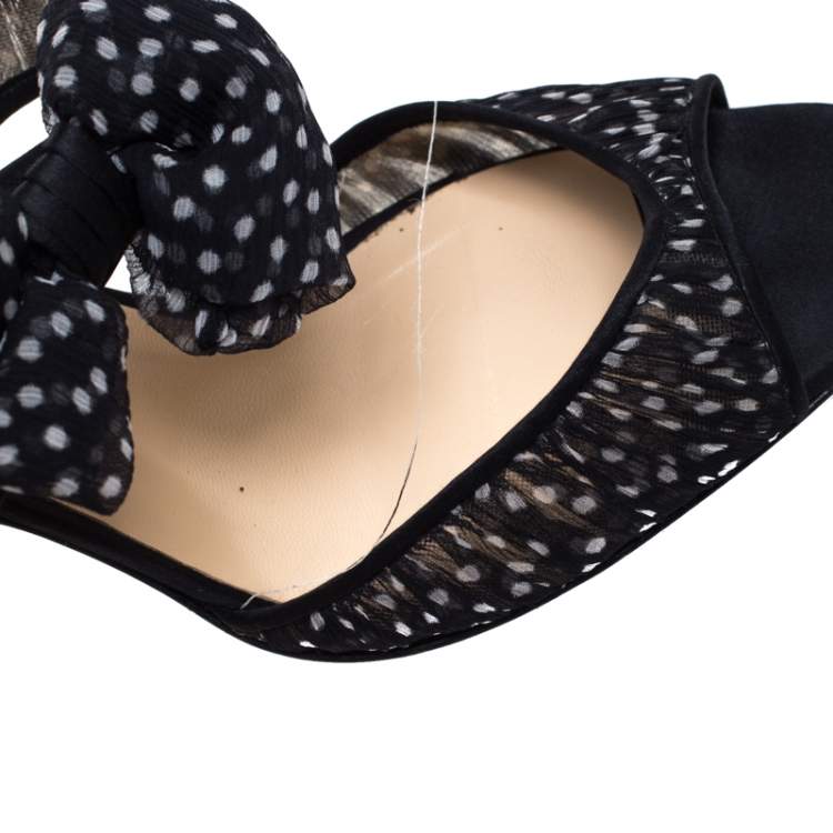 Pre Owned Christian Louboutin Black/White Polka Dot Fabric And Satin Trim Miss Chief Sandals Size 39
