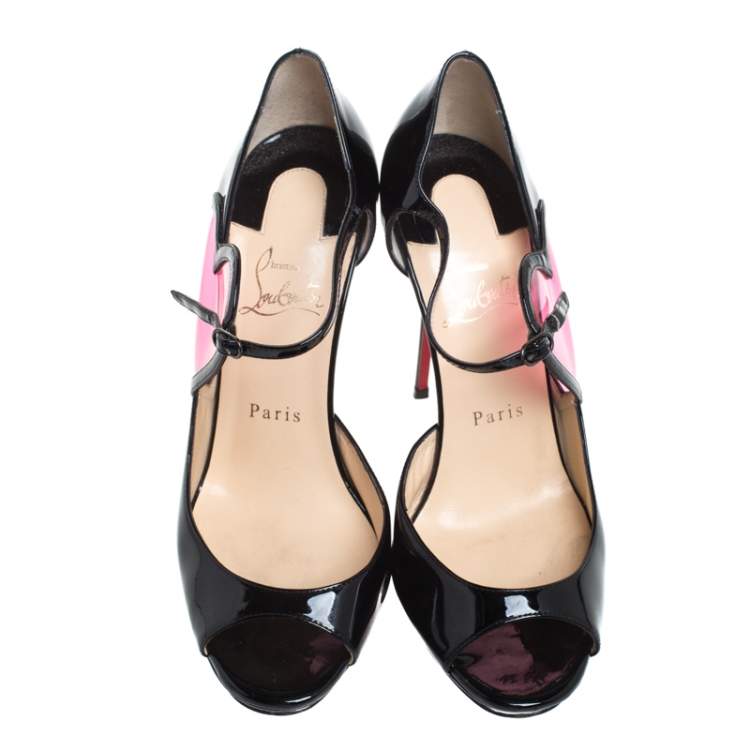 Pre Owned Christian Louboutin Black Patent Leather Cora Heart Detail Open Toe Ankle Strap Pumps Size 38