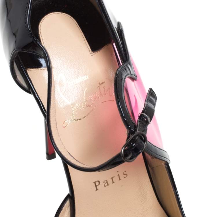 Pre Owned Christian Louboutin Black Patent Leather Cora Heart Detail Open Toe Ankle Strap Pumps Size 38