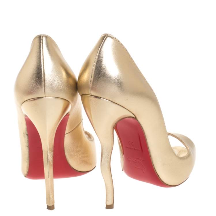 Pre Owned Christian Louboutin Gold Leather Jolly Peep Toe Pumps Size 38