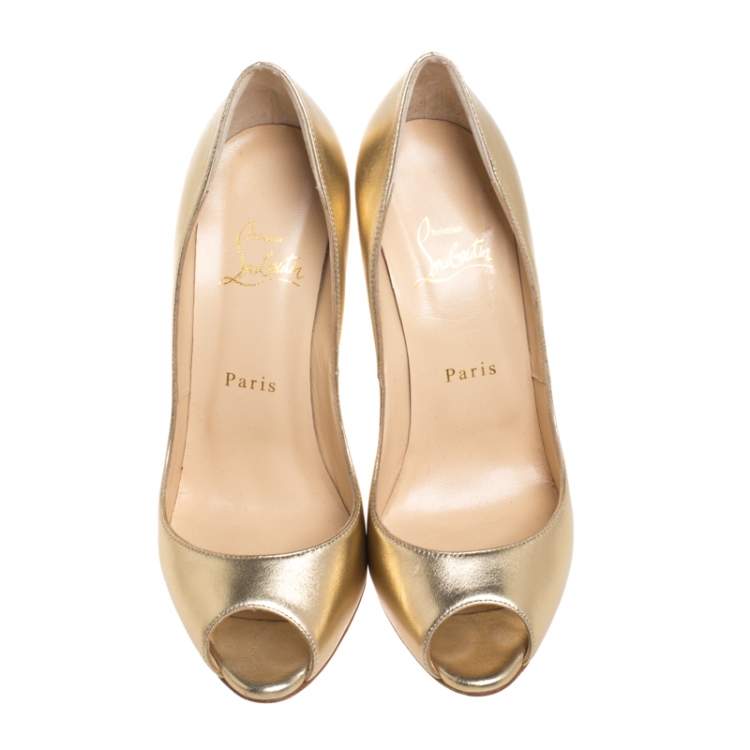 Pre Owned Christian Louboutin Gold Leather Jolly Peep Toe Pumps Size 38