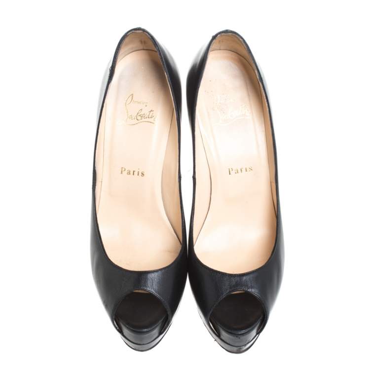 Pre Owned Christian Louboutin Black Leather New Prive Peep Toe Platform Pumps Size 38.5