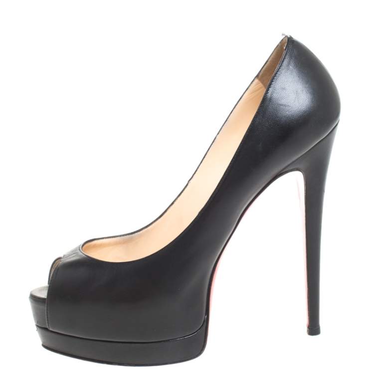 Pre Owned Christian Louboutin Black Leather New Prive Peep Toe Platform Pumps Size 38.5