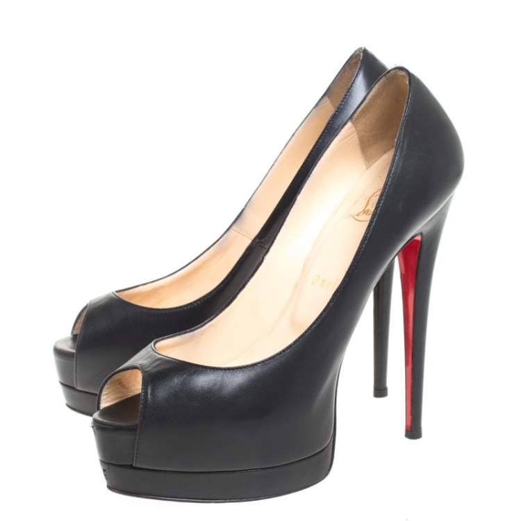 Pre Owned Christian Louboutin Black Leather New Prive Peep Toe Platform Pumps Size 38.5