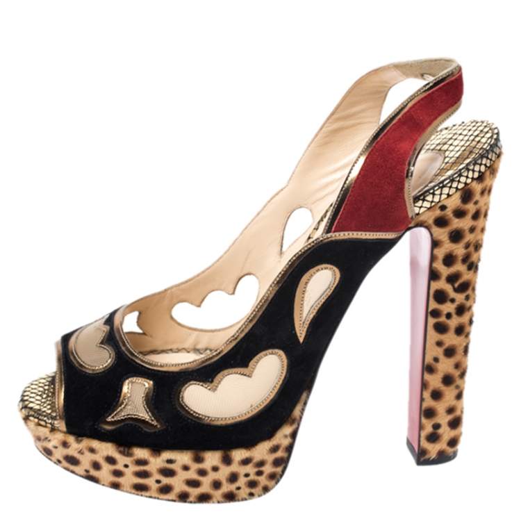Pre Owned Christian Louboutin Multicolor Cutout Suede, Pony Hair And Mesh Platform Slingback Sandals Size 38