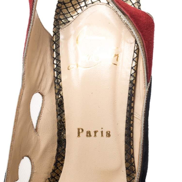 Pre Owned Christian Louboutin Multicolor Cutout Suede, Pony Hair And Mesh Platform Slingback Sandals Size 38
