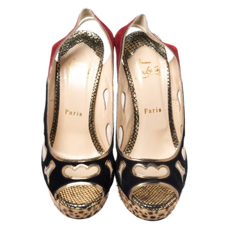 Pre Owned Christian Louboutin Multicolor Cutout Suede, Pony Hair And Mesh Platform Slingback Sandals Size 38