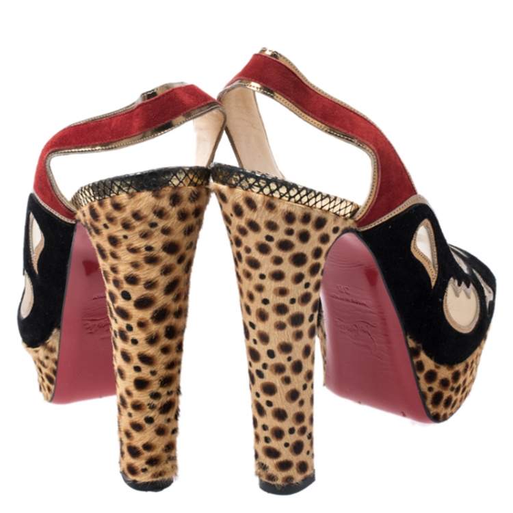 Pre Owned Christian Louboutin Multicolor Cutout Suede, Pony Hair And Mesh Platform Slingback Sandals Size 38