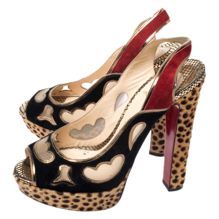 Pre Owned Christian Louboutin Multicolor Cutout Suede, Pony Hair And Mesh Platform Slingback Sandals Size 38
