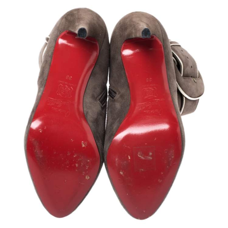 Pre Owned Christian Louboutin Elephant Grey Suede Trottinette Buckle Detail Ankle Boots Size 38