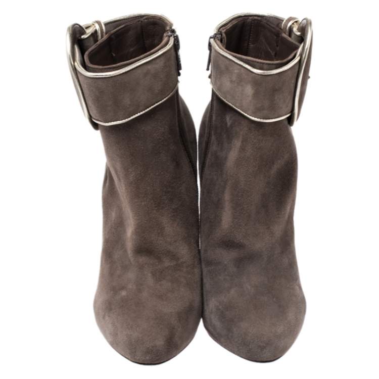 Pre Owned Christian Louboutin Elephant Grey Suede Trottinette Buckle Detail Ankle Boots Size 38