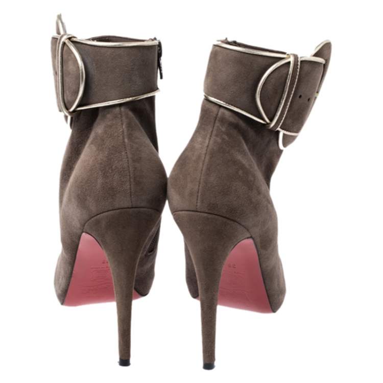 Pre Owned Christian Louboutin Elephant Grey Suede Trottinette Buckle Detail Ankle Boots Size 38
