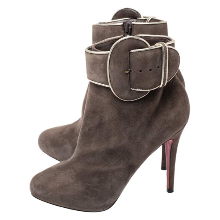 Pre Owned Christian Louboutin Elephant Grey Suede Trottinette Buckle Detail Ankle Boots Size 38