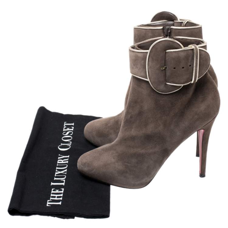 Pre Owned Christian Louboutin Elephant Grey Suede Trottinette Buckle Detail Ankle Boots Size 38