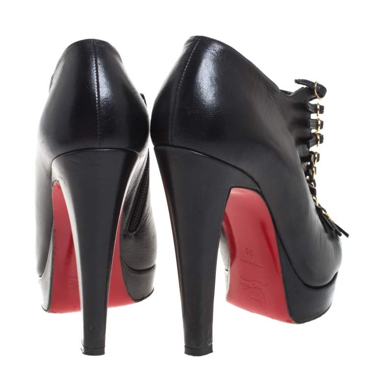 Pre Owned Christian Louboutin Black Leather Manon Buckle Detail Open Toe Ankle Boots Size 38