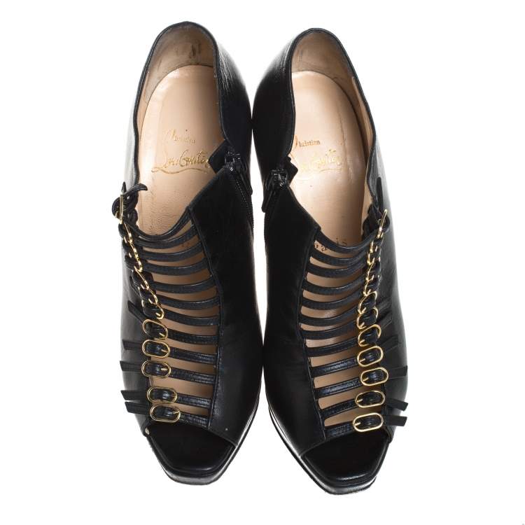 Pre Owned Christian Louboutin Black Leather Manon Buckle Detail Open Toe Ankle Boots Size 38