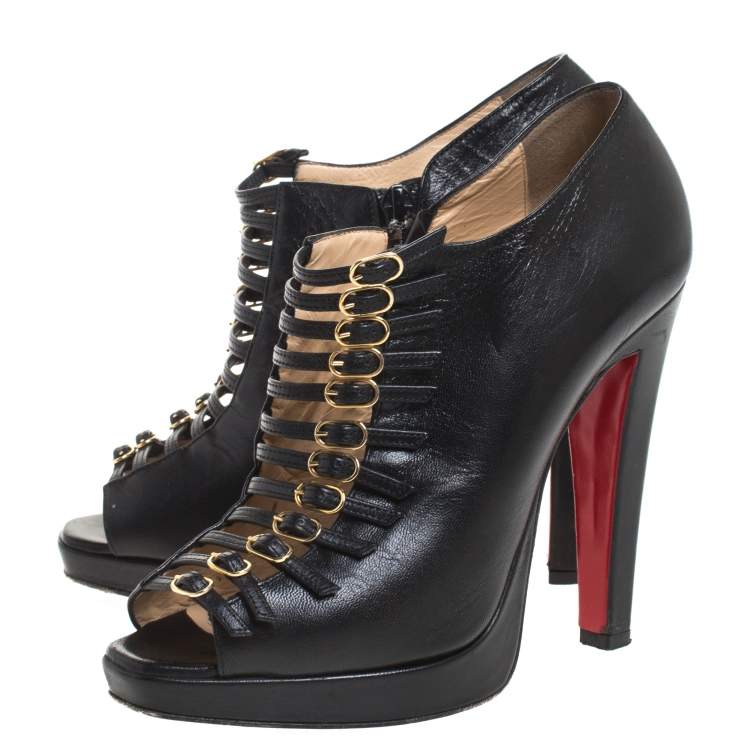 Pre Owned Christian Louboutin Black Leather Manon Buckle Detail Open Toe Ankle Boots Size 38