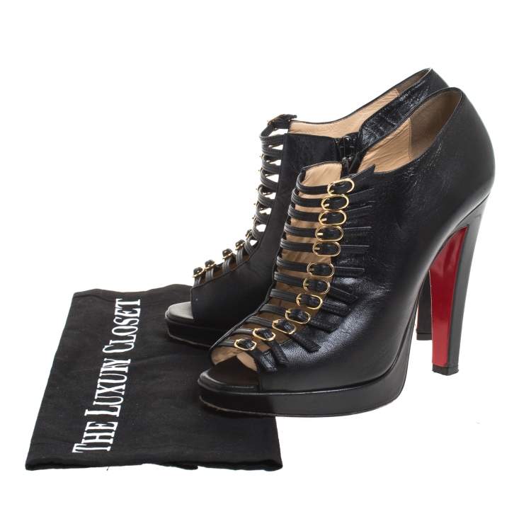 Pre Owned Christian Louboutin Black Leather Manon Buckle Detail Open Toe Ankle Boots Size 38