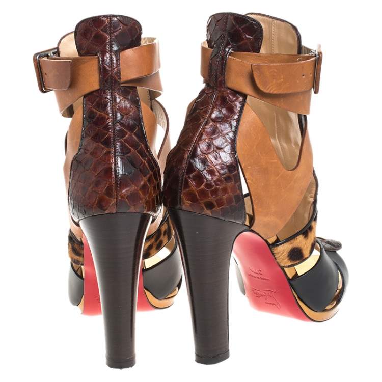 Pre Owned Christian Louboutin Multicolor Python Leather, Pony Hair And Leather Keny Ankle Strap Sandals Size 37.5