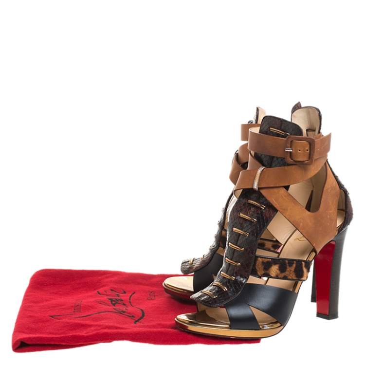 Pre Owned Christian Louboutin Multicolor Python Leather, Pony Hair And Leather Keny Ankle Strap Sandals Size 37.5