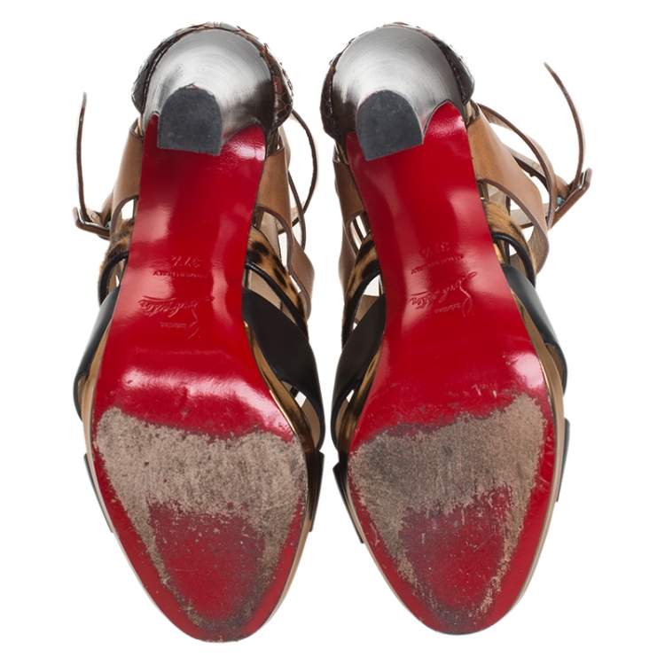 Pre Owned Christian Louboutin Multicolor Python Leather, Pony Hair And Leather Keny Ankle Strap Sandals Size 37.5