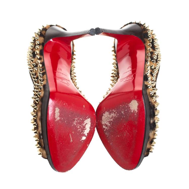 Pre Owned Christian Louboutin Leopard Print Calfhair Yolanda Spikes Peep Toe Pumps Size 37