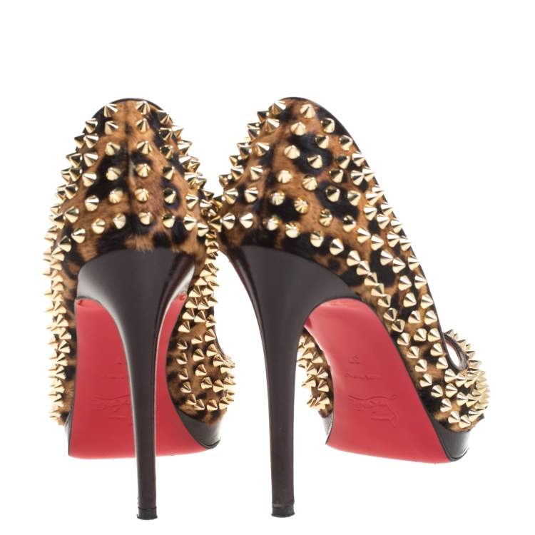 Pre Owned Christian Louboutin Leopard Print Calfhair Yolanda Spikes Peep Toe Pumps Size 37