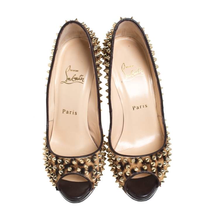 Pre Owned Christian Louboutin Leopard Print Calfhair Yolanda Spikes Peep Toe Pumps Size 37