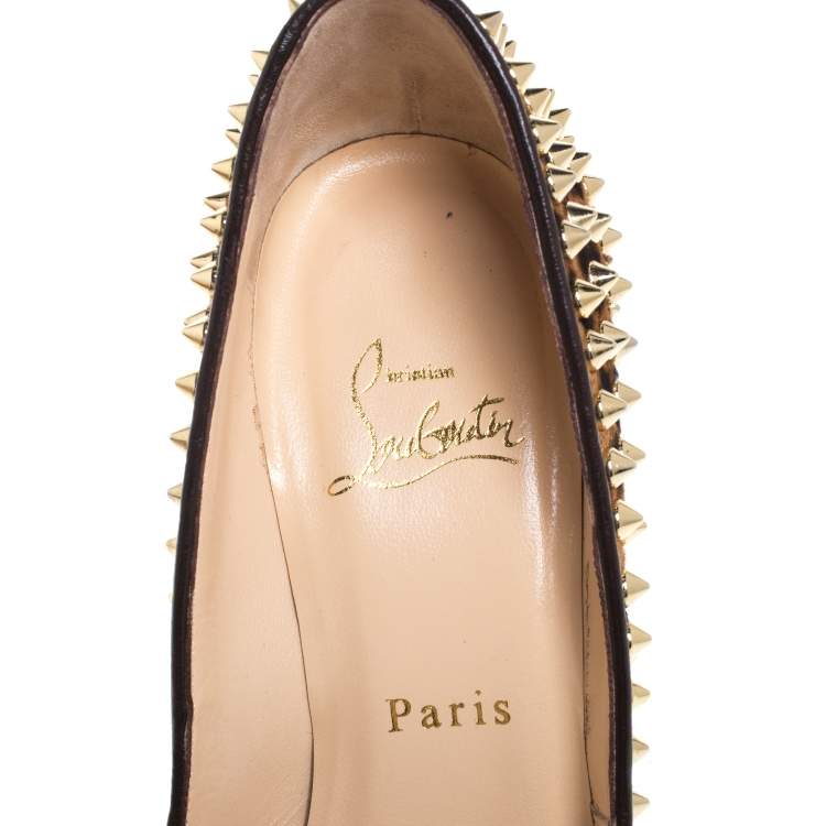 Pre Owned Christian Louboutin Leopard Print Calfhair Yolanda Spikes Peep Toe Pumps Size 37